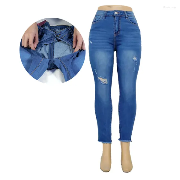 Jeans femininos zíper invisível calça de grifo aberta rasgada calça 2023 verão alto elástico de jeans casual sexo ao ar livre