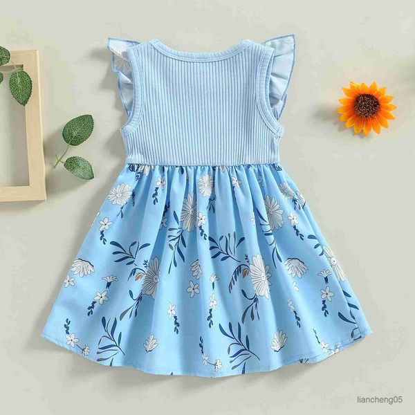 Mädchenkleider Kinder Kinder Baby Kinder Mädchen Kleid Fliegenhülsen Nacken Blumendruck Bowknot Sommer A-Line-Kleid 6m-4t R230824