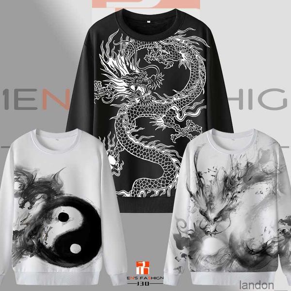 Suéter masculino com estampa de dragão de tinta chinesa, manga longa, animal, pelúcia, gola redonda, solto, tendência, inverno grande