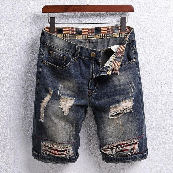 Jeans masculinos Verão rasgado de manchas de jeans de jeans para homens com mangas retas Retro Curled Hem Five Point Trendy Style