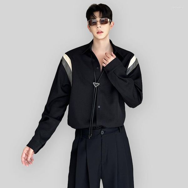 Camicie casual maschile manica lunga coreana per uomo designer di lusso patchwork contrasto di contrasto di contrasto oversized abbigliamento camicetta nera top