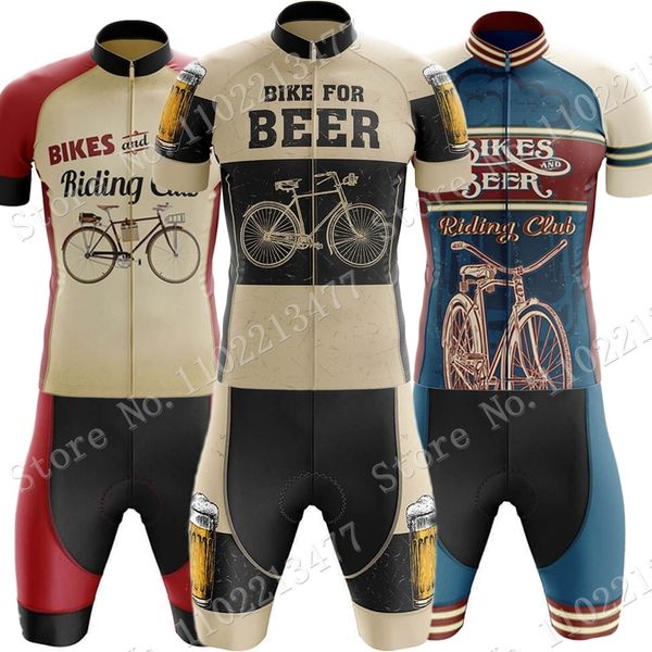 Radsporttrikotsse setzt Retro Beer Riding Club Vintage Cycling Trikot Set Red Blue Clothing Summer Road Bike Shirts Anzug Fahrrad Bib Shorts Mtbropa 230823