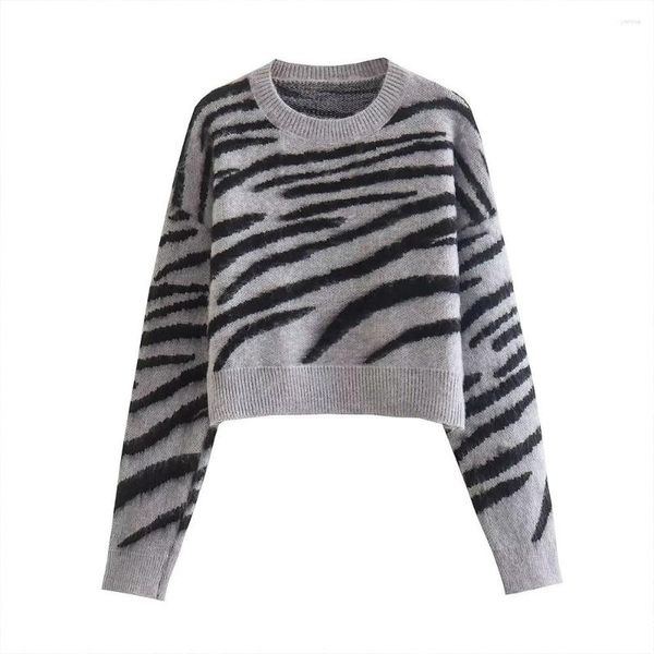 Frauenpullover Zaa Mode Herbst 2023 Runde Halskrallen Haar Vintage Casual Stripe Quality Pullover Langärmeliges Pullover