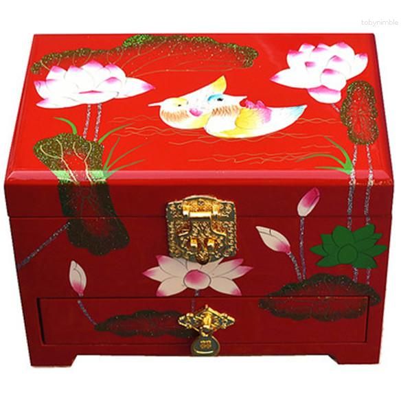 Bolsas de jóias Caixa de madeira artesanal chinesa 3 camadas com espelho Lotus Painting Storage Wedding Wedding Display Presente recipiente
