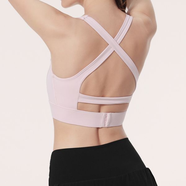 Lu Yoga Bra Fitness Tanktops Frauen hohe Strecke Schockdicht von Sportunterwäsche Rückenkreuz dreireihe Schnalle Elastizität Schnell trocken atmungsaktives Fitnessstudio Weste Rosa