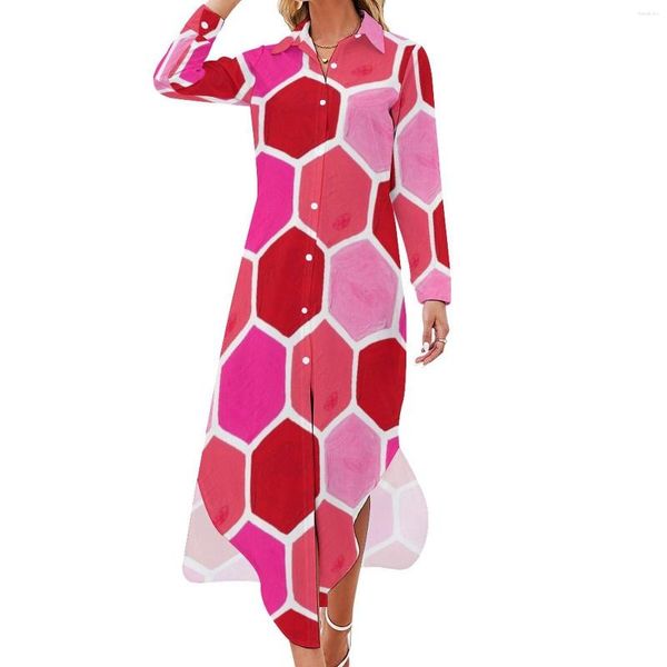 Vestidos casuais rosa retrô mod vestido hexagon honeycomb de moda coreana manga longa mulher fofa v pescoço design de tamanho grande chiffon