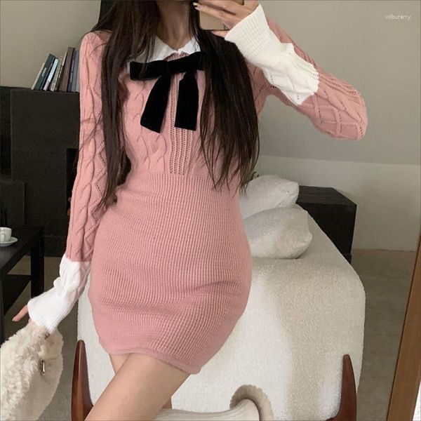 Abiti casual Dolce manica lunga lavorata a maglia Temperamento da donna Elegante fiocco Abiti da sera Party Coreano Chic Vintage Autumnr 2023