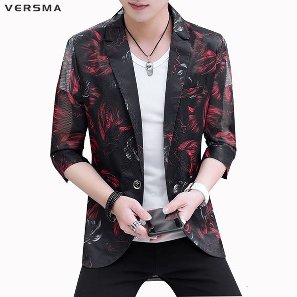 Мужские костюмы Blazers Versma Korean Red Flower Printed Balf -Formber Bomber Pater Men See Throug прозрачные байкерские курткива