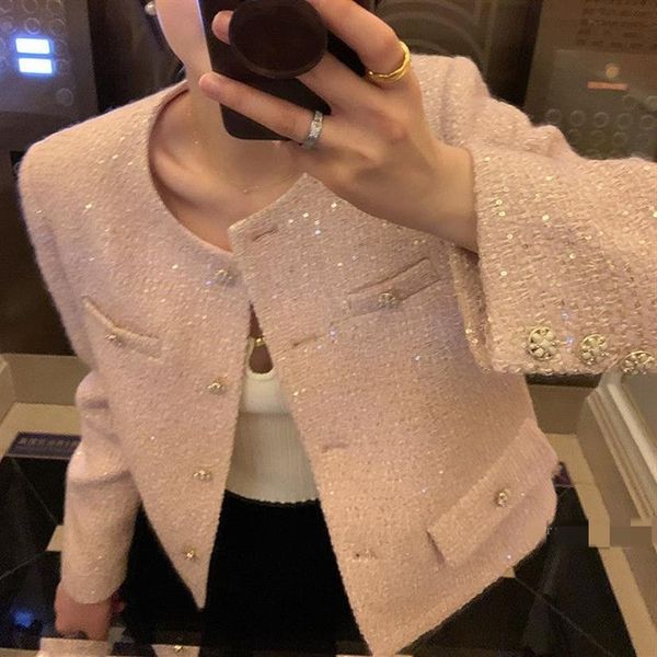 Kadınlar O-boyun Paillette Sizli Shinny Bling Tweed Yün Kısa Ceket Ceket Artı Beden Smlxl Casacos296s