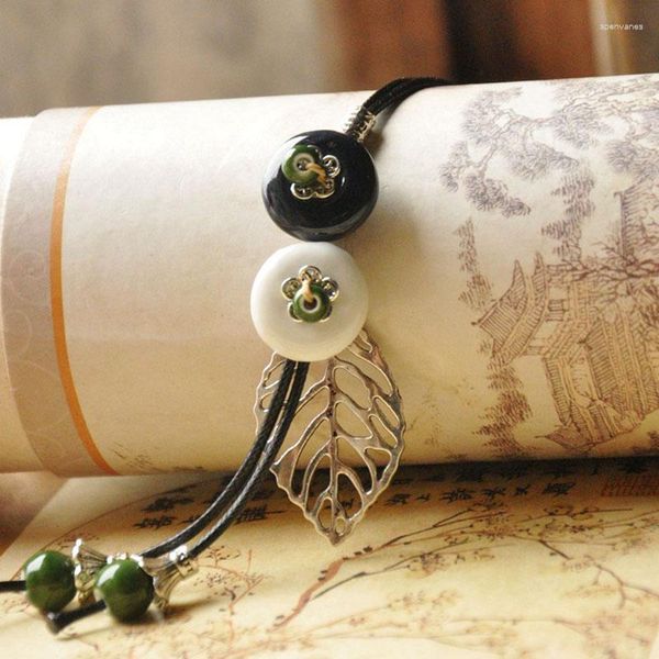 Цепи Черное плетение веревочное ожерелье керамика двойные бусины Чокеры Золотой цвет Полово подвеска