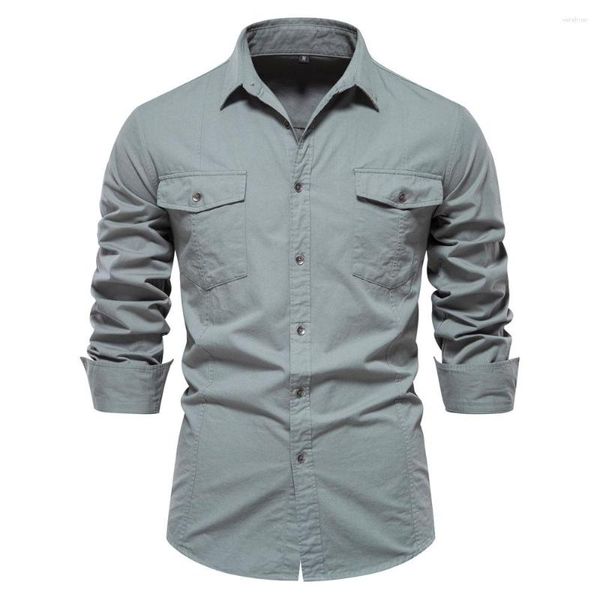 Erkekler Sıradan Gömlekler 2023 Sonbahar Striptli Pamuk Cep Gömlek Erkekler İçin Sıralı Renk İnce Uzun Kol