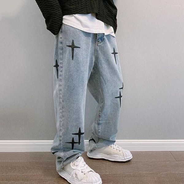 Jeans maschi maschi comodi pantaloni in jeans vintage ricamato gamba larga streetwear con morbido hop in tessuto traspirante
