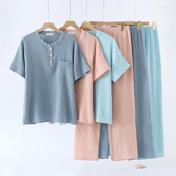 Frauen Nachtwäsche Frühling Sommer Crepe Baumwolle japanische Solid Damen Pyjamas Set Short Sleeve Hosen zweiteiliger einfacher Zuhausekleidung