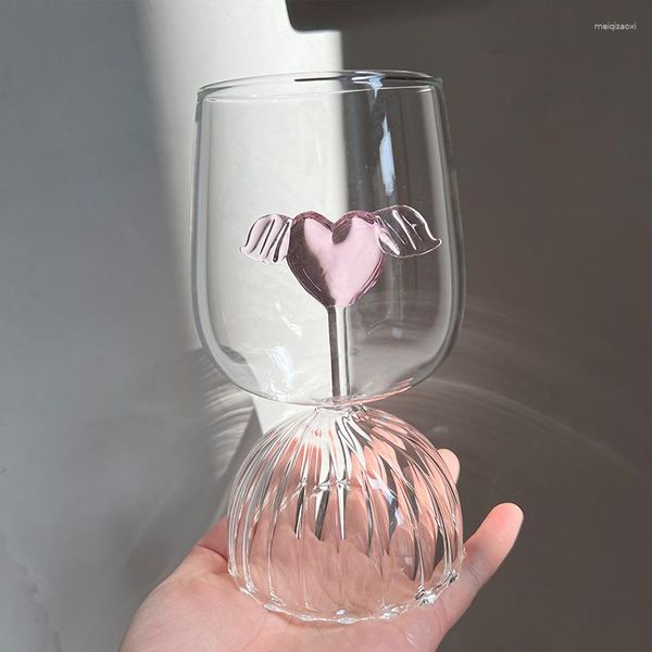 Copos de vinho 1 pc 350ml 12 onças Ripple Short Stemmed Goblet Cup com Pink Heart Design Wings para amantes Presente de casamento adorável