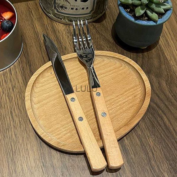 Корейский стиль ins стиль сплошной деревянной ручки из нержавеющей стали 304 ножа вилки ложки набор посуда винтажный западный ресторан десерт ложка HKD230810