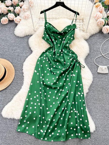 Günlük elbiseler yaz kadınlar seksi polka dot spagetti askısı elbise zarif saten tatil plajı midi bornoz kırmızı/yeşil/mavi sırtsız vestidos