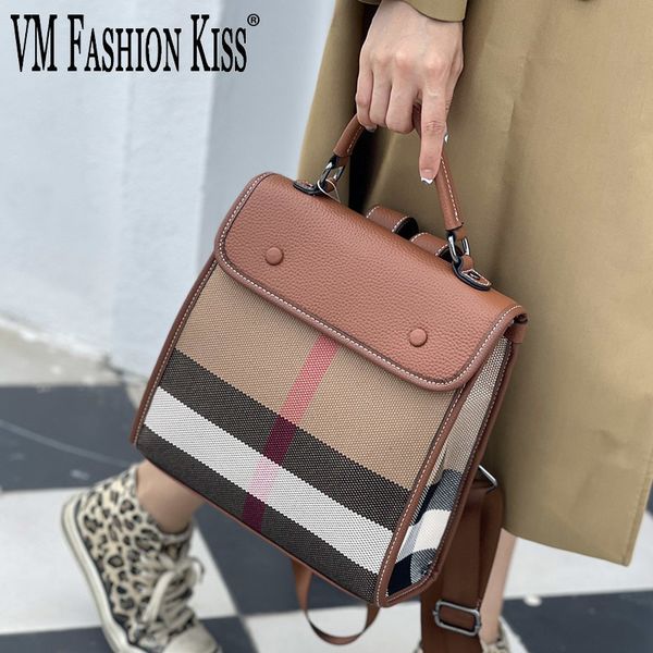 BASSE SCUOLA VM Fashion Kiss Classic Strited Canvas Cowhide College Backpack giapponese Trend Youth Trend BOOKBAG BACKBAG 230823