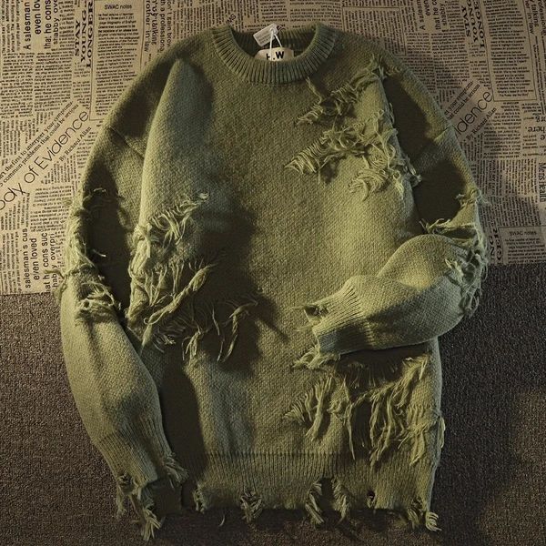 Erkek Sweaters Autumnand Y2K Street Giyim Erkekler Retro Delik Saçak Süveter Gevşek Erkekler ve Erkekler İçin Çok Yönlü Kazak Uzun Kollu Kazak 230824