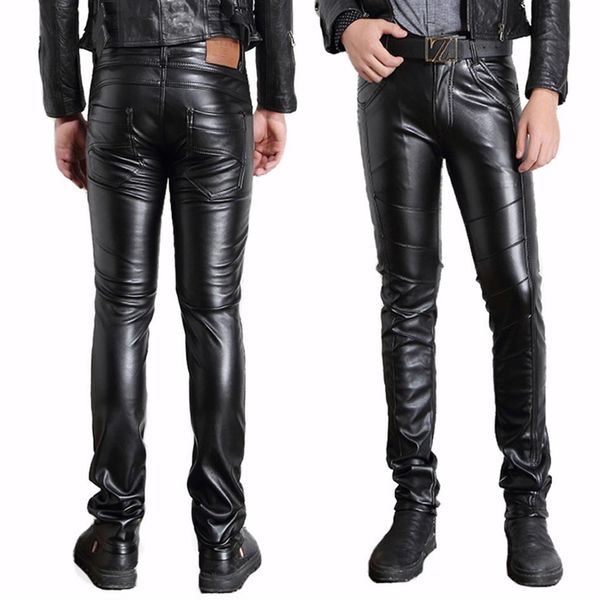 Bütün- Erkek Siyah Sahte Deri Pantolon Motosiklet Biker Pu Pu Pantolon Moda Moda İnce Fit Kalem Pant2137