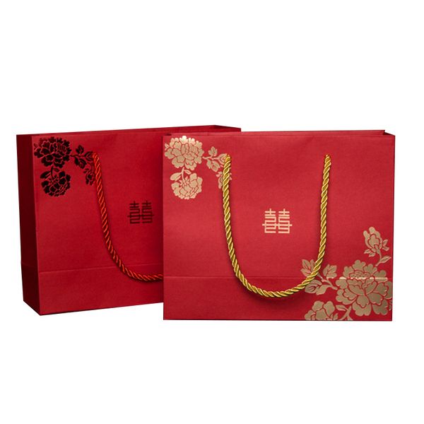 Estilo chinês rosa flores vermelho duplo felicidade presente de casamento saco de papel com alça pacote sacos de doces atacado