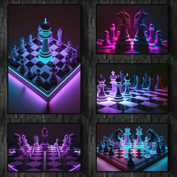 Dipinti Game Chess Neon Art Printing Canvas Pittura e moderni poster di scacchi di lusso Murales soggiorno Decorazione della casa Fashi