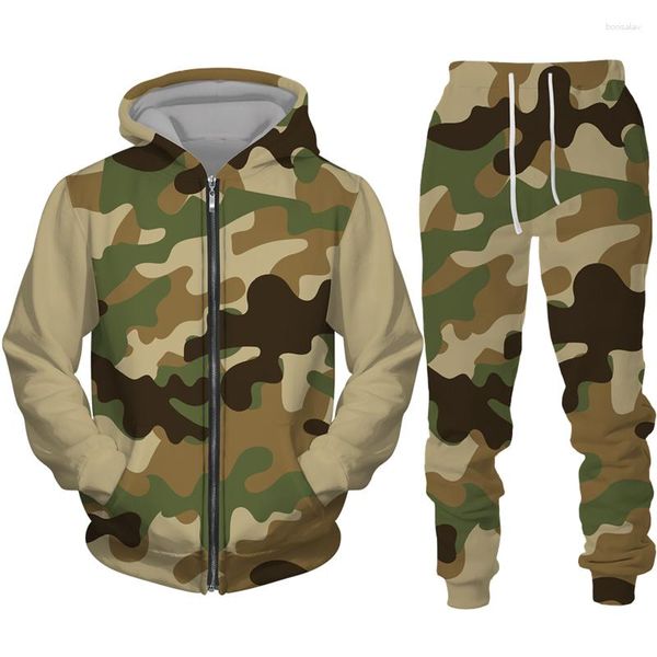 Tracce maschili da uomo Spring Autumn Camuflage Stampa con cappuccio con cerniera/pantaloni/abito giacca militare per esterni con cappuccio con cappuccio con cappuccio sportivo set da due pezzi