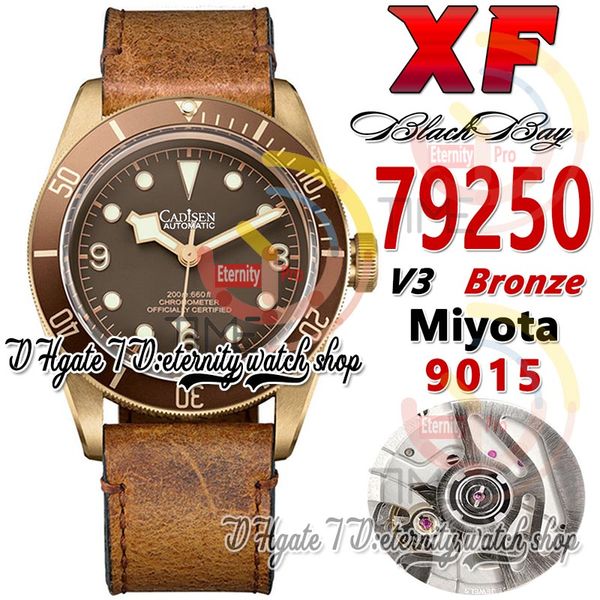XF 79250 Bronze 9015 Homens automáticos Relógio de 43mm de dialhe marrom Bronze Caixa de aço PVD Marcadores luminosos Strap de couro antigo 2023 V3 Super versão relógios eternidade