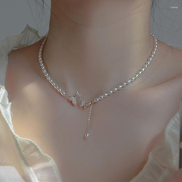 Anhänger Halsketten trendige Nachahmung Perle Halskette Vintage Gold Farbe Schmetterling Einfache Party Schmuck Französisch für Frauen Geschenk Tropfen