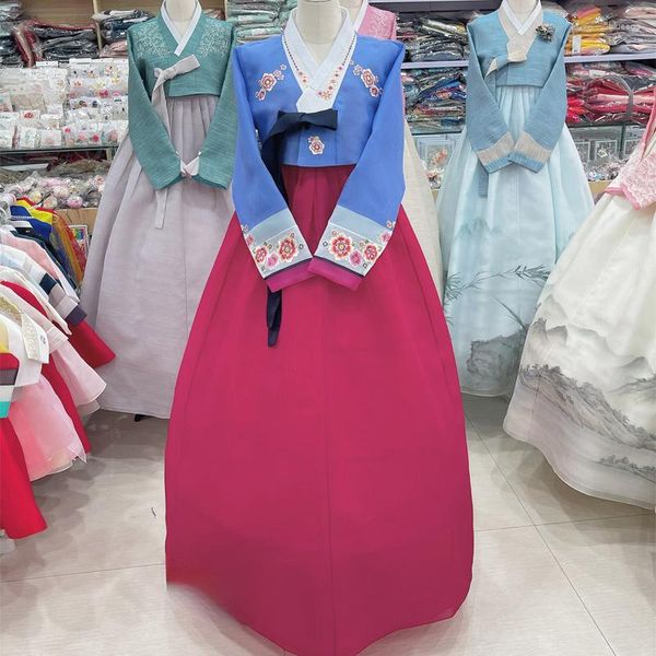 Roupas étnicas mulheres hanbok azul top top vermelho rosa rosa