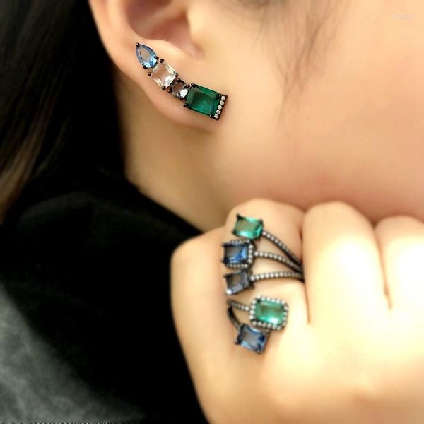 Brincos de garanhão Brincho multicolor de luxo para mulheres Presentes Verde Geometria Ear clipe de manguito em jóias de moda de pedra de zircônia cúbica 2023