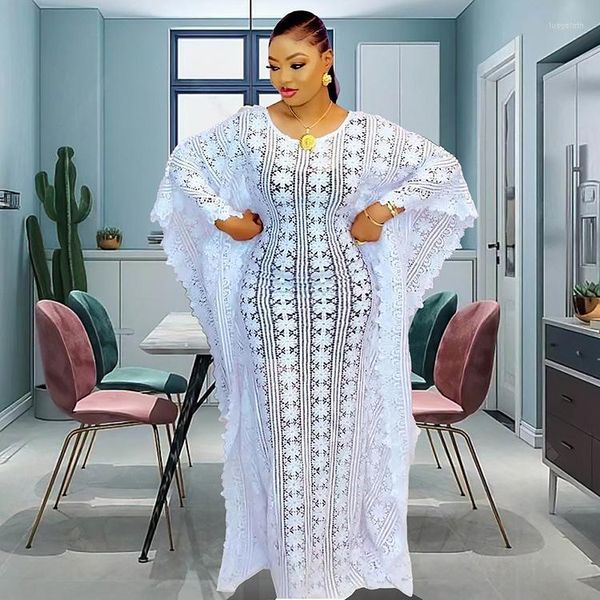 Roupas étnicas Rodado branco de mulheres islâmicas para mulheres Lace Batwing Sleeve Africano Vestidos soltos Kanga tradicional Kanga plus size