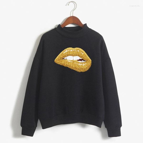 Damen Hoodies glänzende goldene Lippen Drucken Frauen Sweatshirt Süße Koreanisch O-Neck gestrickt Pullover Dicke Herbst Winter Süßigkeiten Farbe Loose Lady