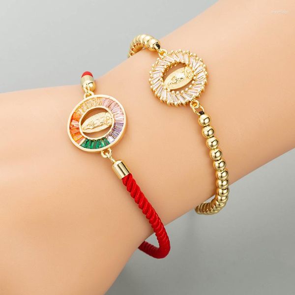 Bracelets de charme zirconia cúbica Cristal banhado a ouro Round Virgin Mary Mary Lucky Women Women Cord Red Cord 4mm Jóias de bronze de bronze presente