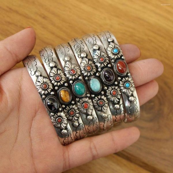 Bankle BR008 Tibetan Silber Naturstein verlangte Blütenfrauen Manschette handgefertigtes nepalesisches Onyx einstellbares Armband