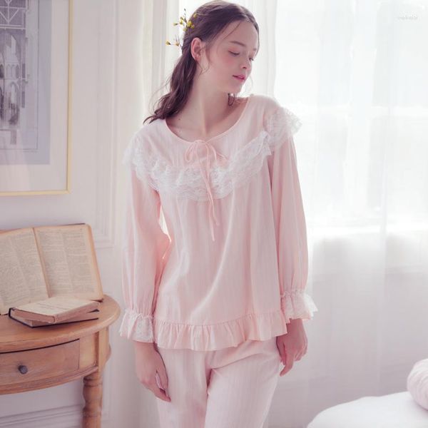 Mulheres de sono feminino Autumn Women Royal Modal Pijamas Conjunto Lady Pyjimas Hollow Lace Retro Style QW1873