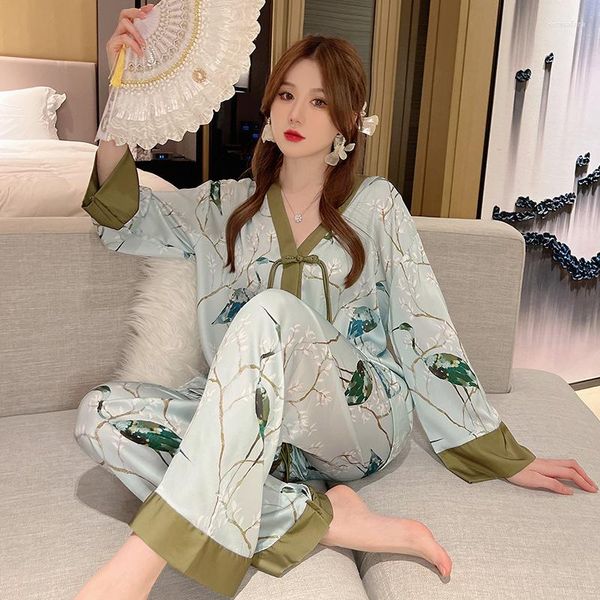 Women's Sleep abbigliamento primavera estate di lusso da donna di pigiama set finto seta raso pijama pantaloni a maniche lunghe
