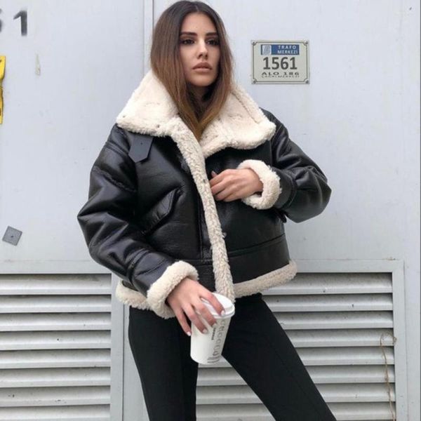 Frauenjacken Xikom 2023 Winter schwarz Frauen Lederjacke mit Pelzkragen Streetwear Warm übergroße Reißverschluss