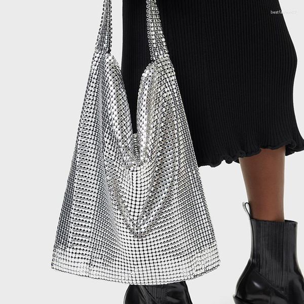 Bolsas escolares Moda Metal Mesh Mulheres Designer de ombro Bola de prata Bolsa Shinny Wide Strap Evening Glitter Glitter Tote Party Party Burse 2023