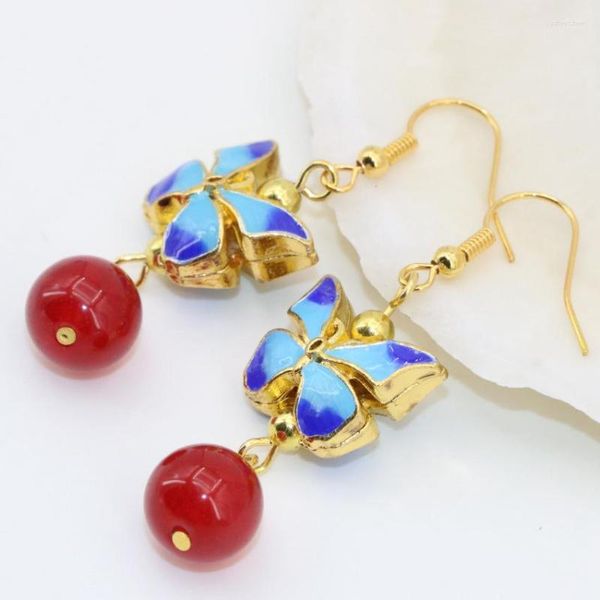 Brincos de Moda Dangle 13m de 16 mm de cor dourada cloisonne cloisonne calcedônia pedra longa mulher solteira joias B2632