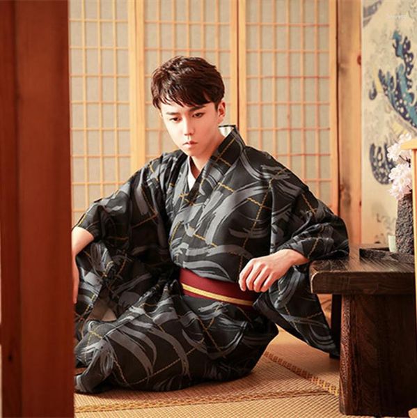 Roupas étnicas tradicionais japoneses quimono yukata vestido de poliéster masculino manto casual com pijamas de verão no cinto