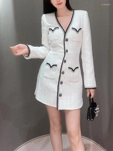Abiti casual Donne Crystal Embellimento Tweed Mini vestito Colore Patchwork a V-Neck Long Female Temperament Single Single Sbeste