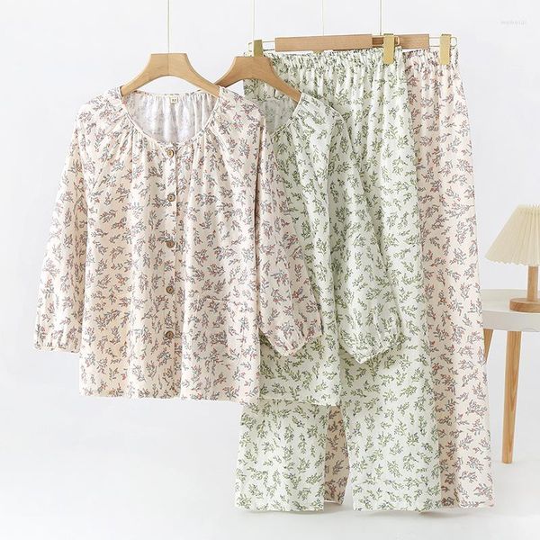 Frauen Nachtwäsche Baumwolle Pyjamas Set Blumendruck Caual Night-Kleidung für den Schlaf zweiteilig lose Loungewear