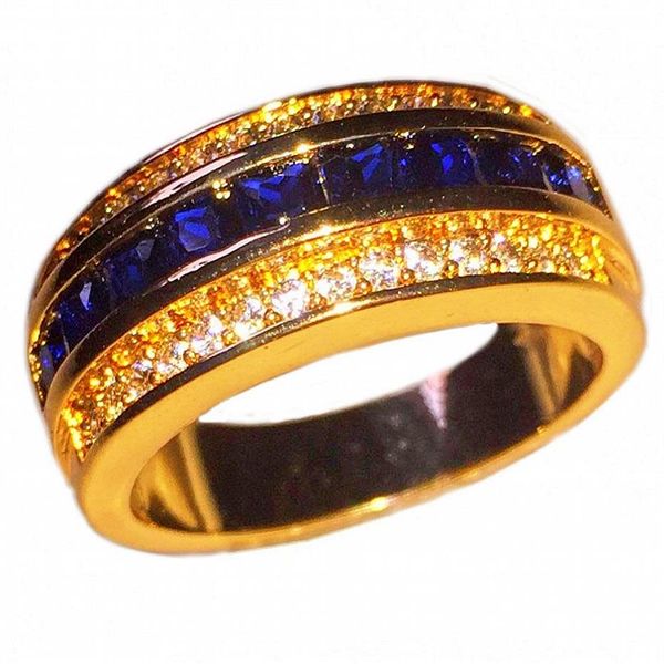 Moda 10KT Oro giallo GF Anelli Diamante quadrato Simulato Zirconia Blu Zaffiro Pietra preziosa Anello di fidanzamento Anniversario per Me164i