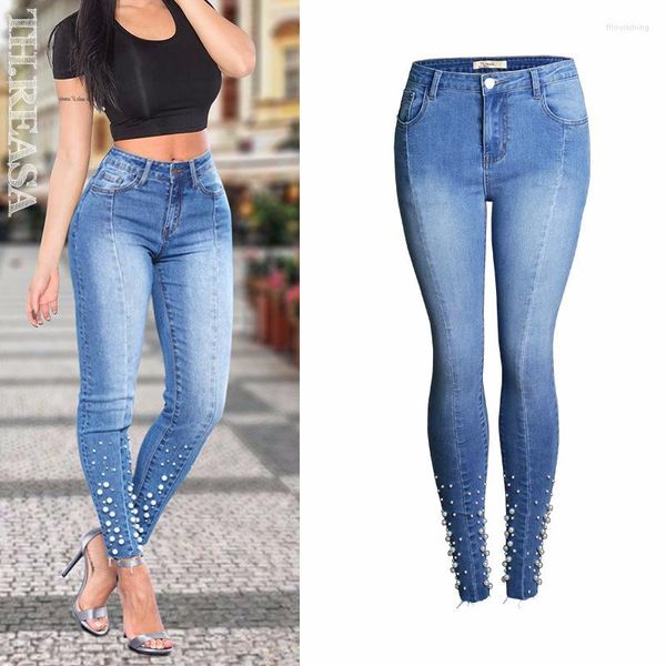 Jeans femminile spingono la perla per donne sexy femmina denim blu maglia maglia perline tumblr signore pantaloni allungati