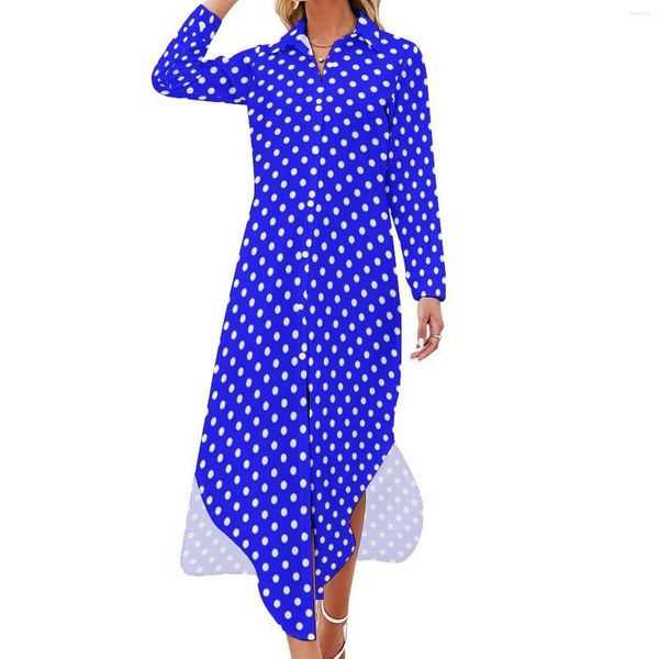 Lässige Kleider klassische Polka Punkte Kleid blau -weiße Mode sexy v Hals süße Chiffon Langarm Kleidung große Größe 6xl