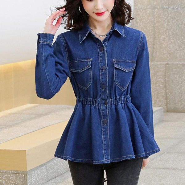 Blouses feminina Moda da primavera Mulheres jeans sólidas Jaqueta de manga comprida colar na cintura elástica feminina slim ladies tops