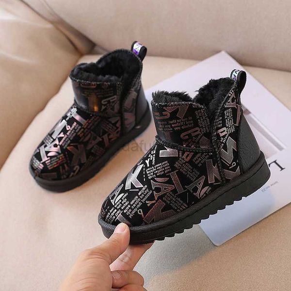 Botas crianças botas de neve inverno pelúcia quente couro estudante curto algodão meninos carta costura tornozelo botas meninas crianças sapato frete grátis l0824