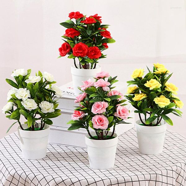 Flores decorativas de rosa artificial em vasos de plantas falsas amarelas rosa vermelho branco flor bronsai escritórios de mesa decoração de casamento enfeites de casamento