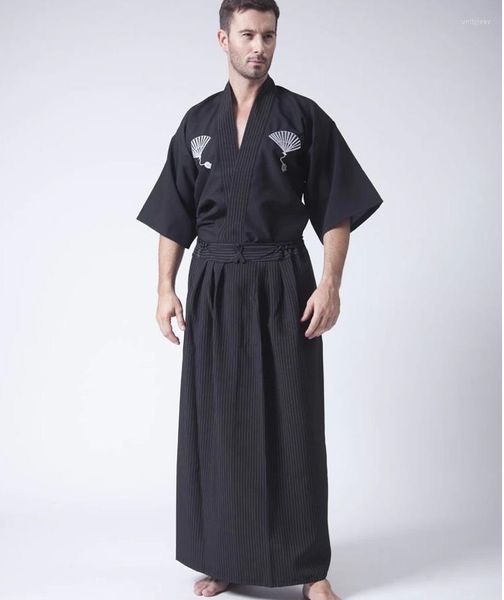 Roupas étnicas Vintage Black Japanese Men's Warrior Kimono com OBI Tradicional Yukata Samurai Convention Trajes One Tamanho