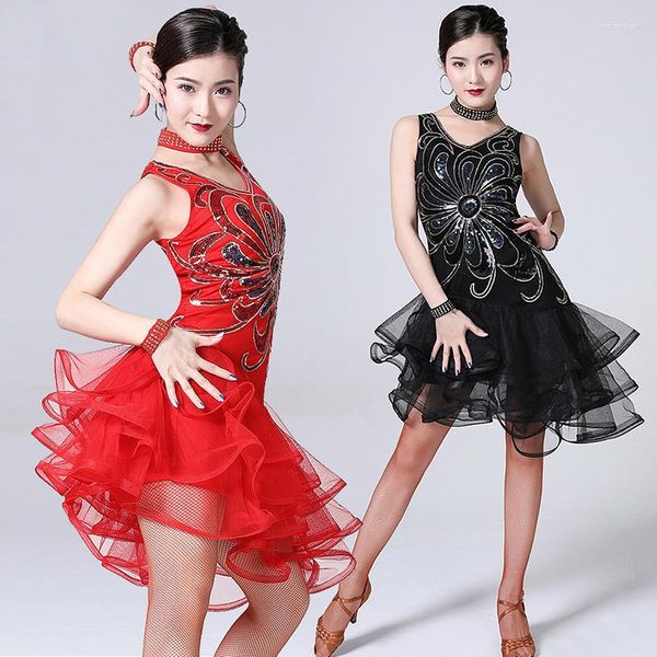 Bühnenbekleidung 2023 Frauen Latin Jazz Dance Kleid Performance Pailletten Perlen Stickerei Girls Lady Sexy Salsa/Ballsaal/Tango/Cha Cha Cha -Wettbewerb